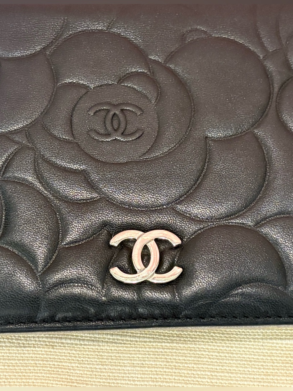 Chanel Camellia Lambskin Bi-Fold Long Wallet Black Silver with COA - Picture 12 of 13